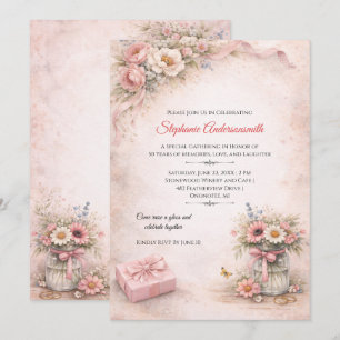 Elegant Pink Flowers Birthday Party   Invitation