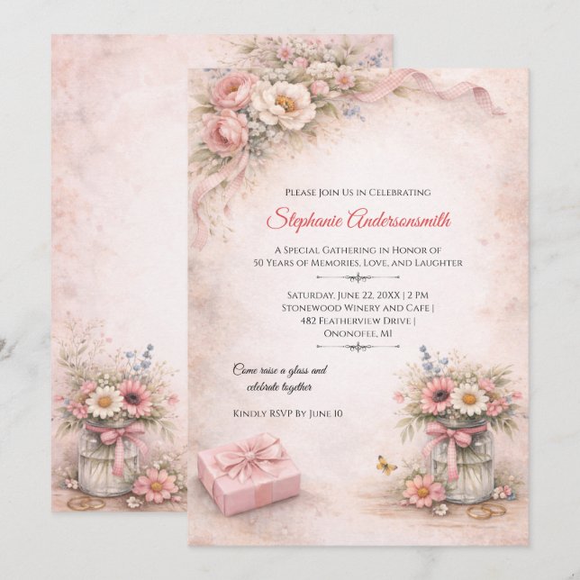 Elegant Pink Flowers Birthday Party | Invitation (Front/Back)