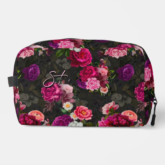 Elegant pink flowers black monogram  accessory dopp kit (Front)