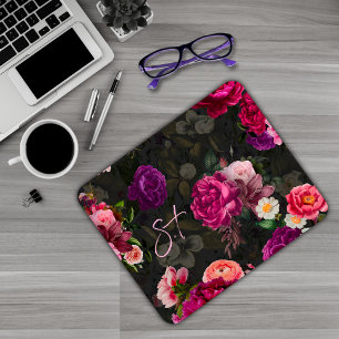 Elegant pink flowers black monogram mouse pad