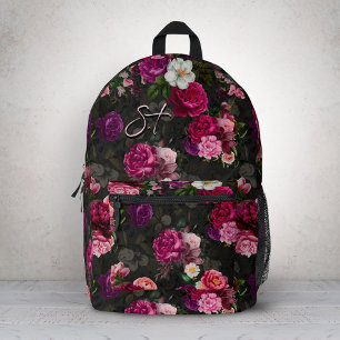 Elegant pink flowers black monogram printed backpack