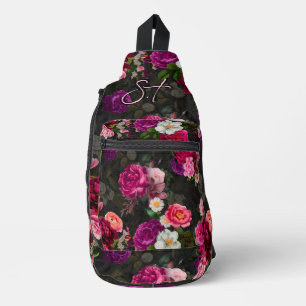 Elegant pink flowers black monogram printed sling bag