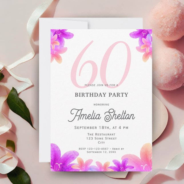 Elegant Pink Flowers Floral 60th Birthday Party Invitation (Creator Uploaded)