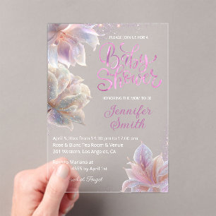 elegant pink flowers glitters girl baby shower acrylic invitations