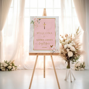 Elegant Pink Flowers Gold Baptism Welcome Sign