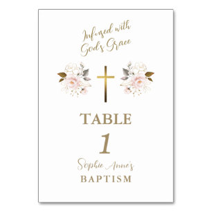 Elegant Pink Flowers Gold Cross Girl Baptism Table Number