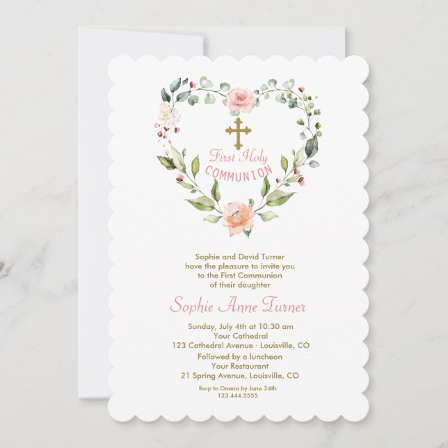 Elegant Pink Flowers Gold First Holy Communion Inv Invitation (Front)