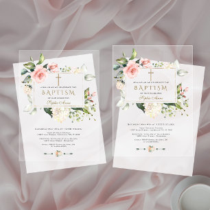 Elegant Pink Flowers Gold Frame Girl Baptism Acrylic Invitations