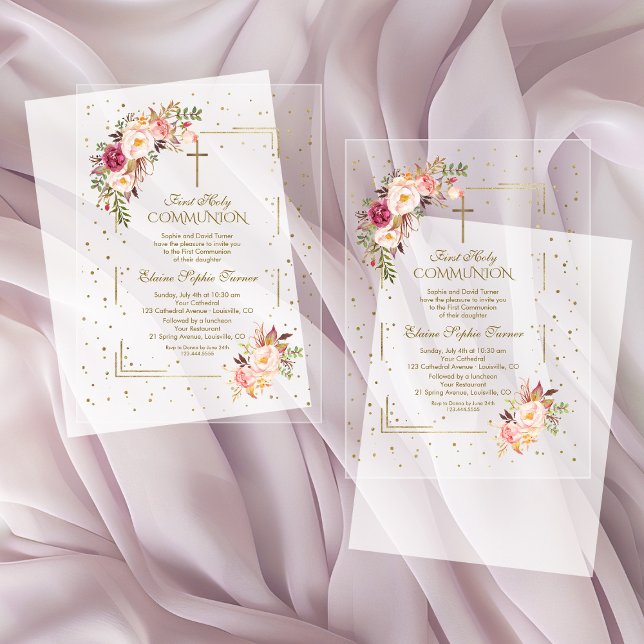 Elegant Pink Flowers Gold Girl Holy Communion Acrylic Invitations (Creator Uploaded)