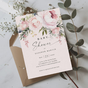 Elegant Pink Flowers Greenery Garden Baby Shower Invitation
