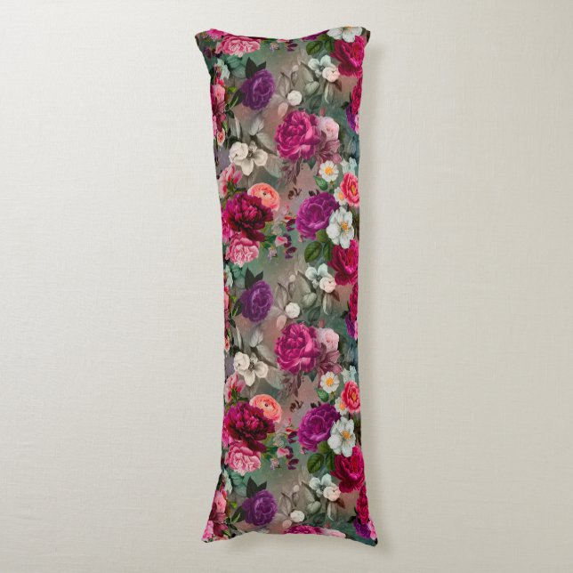 Elegant pink flowers grey  body cushion (Front Vertical)