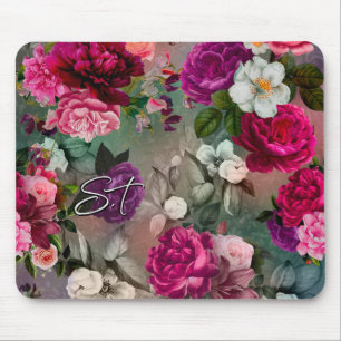 Elegant pink flowers grey monogram mouse pad