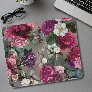 Elegant pink flowers grey monogram mouse pad