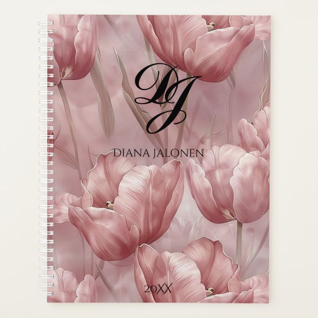 Elegant Pink Flowers Monogram Personalised Name Planner (Front)