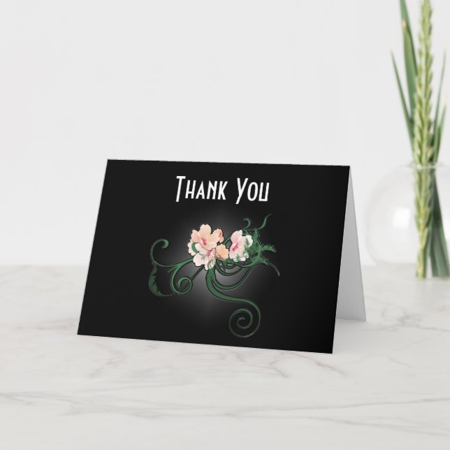 Elegant Pink Flowers on a Black Wedding Thank You Card (Front)