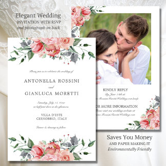 Elegant Pink Flowers Photo RSVP Wedding Invitation