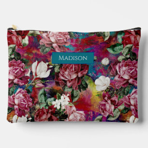 Elegant pink flowers red pattern monogram accessory pouch