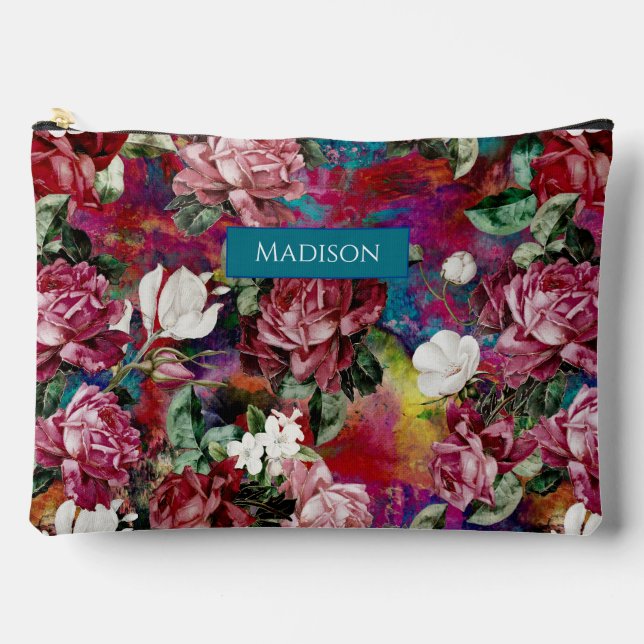 Elegant pink flowers red pattern monogram accessory pouch (Front)