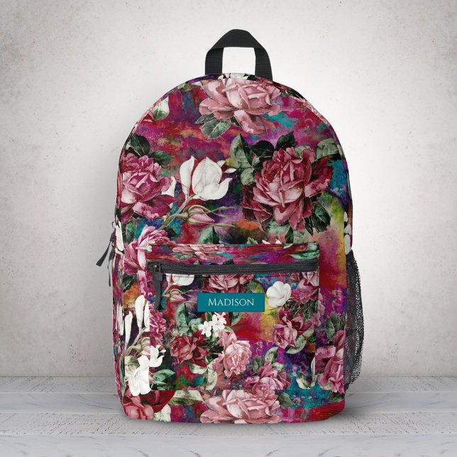 Elegant pink flowers red pattern monogram printed backpack (Creator Uploaded)