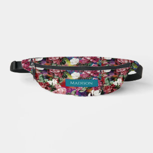 Elegant pink flowers red pattern monogram printed bum bags