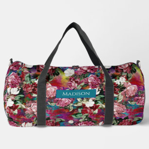 Elegant pink flowers red pattern monogram printed duffle bag