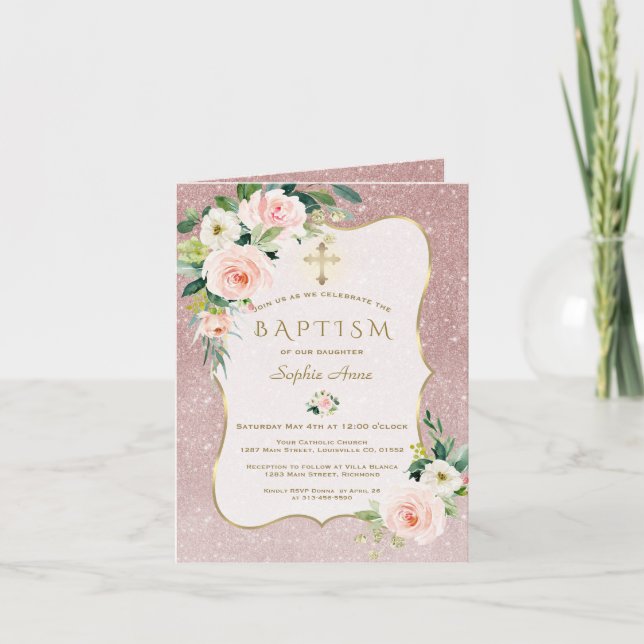 Elegant Pink Flowers Rose Gold Glitter Baptism Holiday Card (Front)