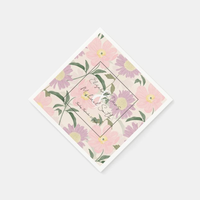Elegant Pink Flowers Watercolor Boho Floral Napkin (Corner)