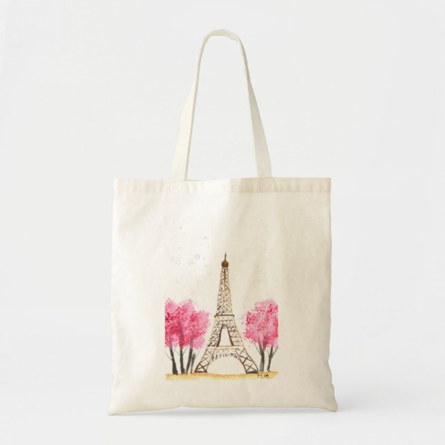 Elegant pink flowers watercolor Eiffel tower Paris Tote Bag (Front)