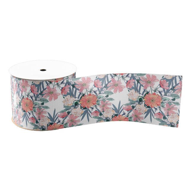 Elegant Pink Flowers Watercolor Floral Grosgrain Ribbon (Spool)