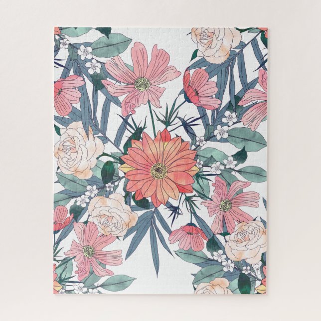 Elegant Pink Flowers Watercolor Floral Jigsaw Puzzle (Vertical)