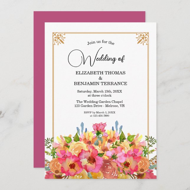 Elegant Pink Flowers Watercolor Gold Wedding  Invitation (Front/Back)