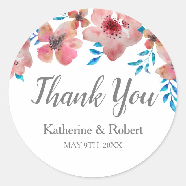 Elegant Pink Flowers Watercolor Thank You Classic Round Sticker (Front)