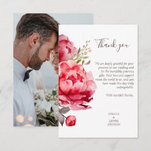 Elegant Pink flowers Watercolor Wedding your photo Thank You Card