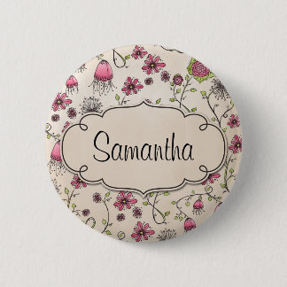 Elegant Pink flowers with frame for name 6 Cm Round Badge