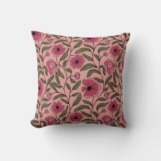 Elegant pink flowers with green leaves cushion (Front)