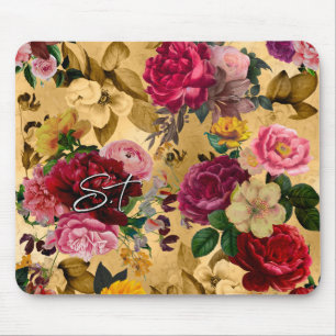 Elegant pink flowers yellow monogram mouse pad