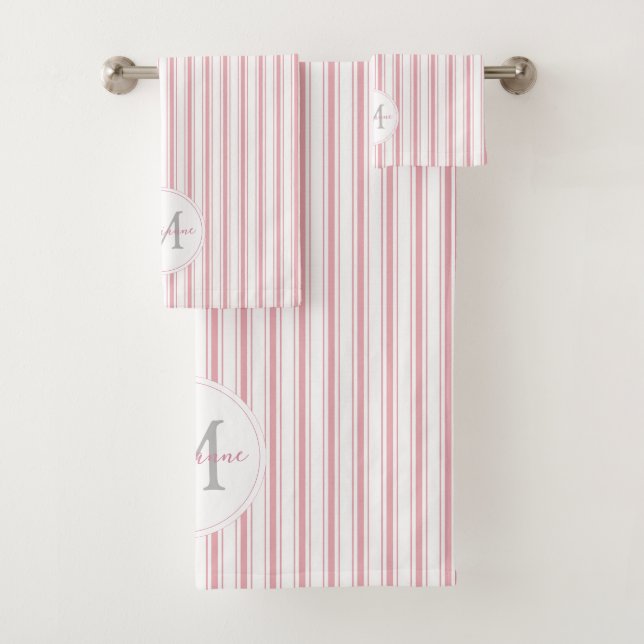 Elegant Pink French Ticking Stripes Name Monogram Bath Towel Set (Insitu)