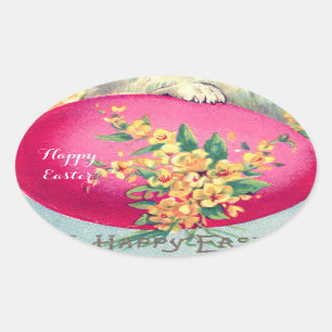 ELEGANT PINK FUCHSIA EASTER EGG AND YELLOW FLOWERS OVAL STICKER