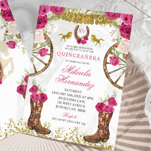 Elegant Pink Fuchsia Red Rose Charra Quinceañera Invitation