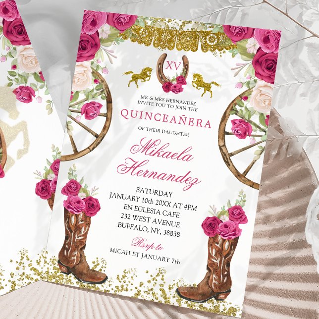 Elegant Pink Fuchsia Red Rose Charra Quinceañera Invitation (Creator Uploaded)