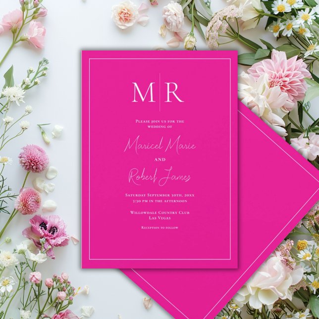 Elegant Pink Fuscia Monogram Modern Wedding Invitation (Creator Uploaded)