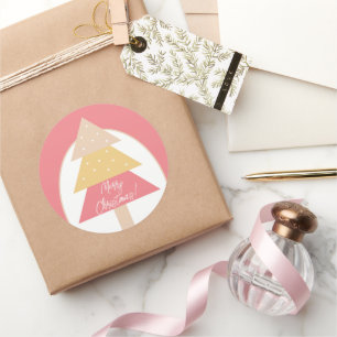 Elegant Pink Geometric Merry Christmas Tree Classic Round Sticker