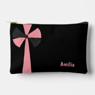 Elegant Pink Gift Ribbon Bow Black Accessory Pouch