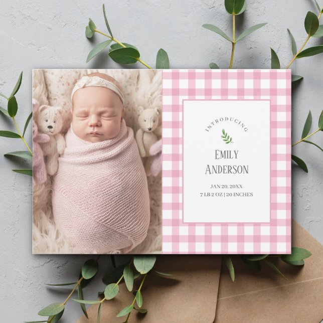 Elegant Pink Gingham Baby Girl 2 Photo Birth Announcement (Creator Uploaded)