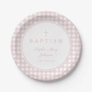 Elegant Pink Gingham Girl Baptism Paper Plate