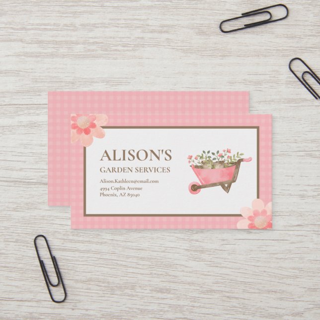 Elegant Pink Gingham Watercolor Garden Business Card (Front/Back In Situ)