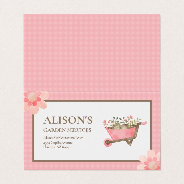 Elegant Pink Gingham Watercolor Garden Business Card (Outside Unfolded)