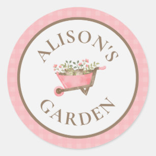 Elegant Pink Gingham Watercolor Garden Classic Round Sticker