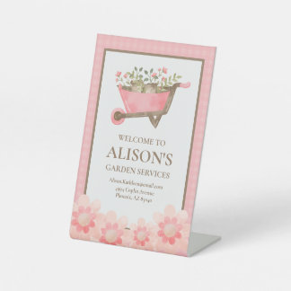 Elegant Pink Gingham Watercolor Garden Pedestal Sign