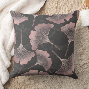 Elegant Pink Ginkgo Leaves on Black Background Cushion